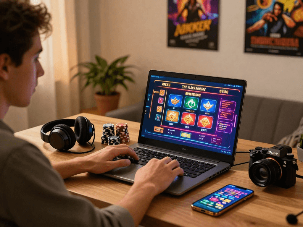 Giocatore felice nei migliori casinò online, immerso in un'esperienza di gioco dinamica e moderna, circondato da accessori di gioco e atmosfera accogliente.