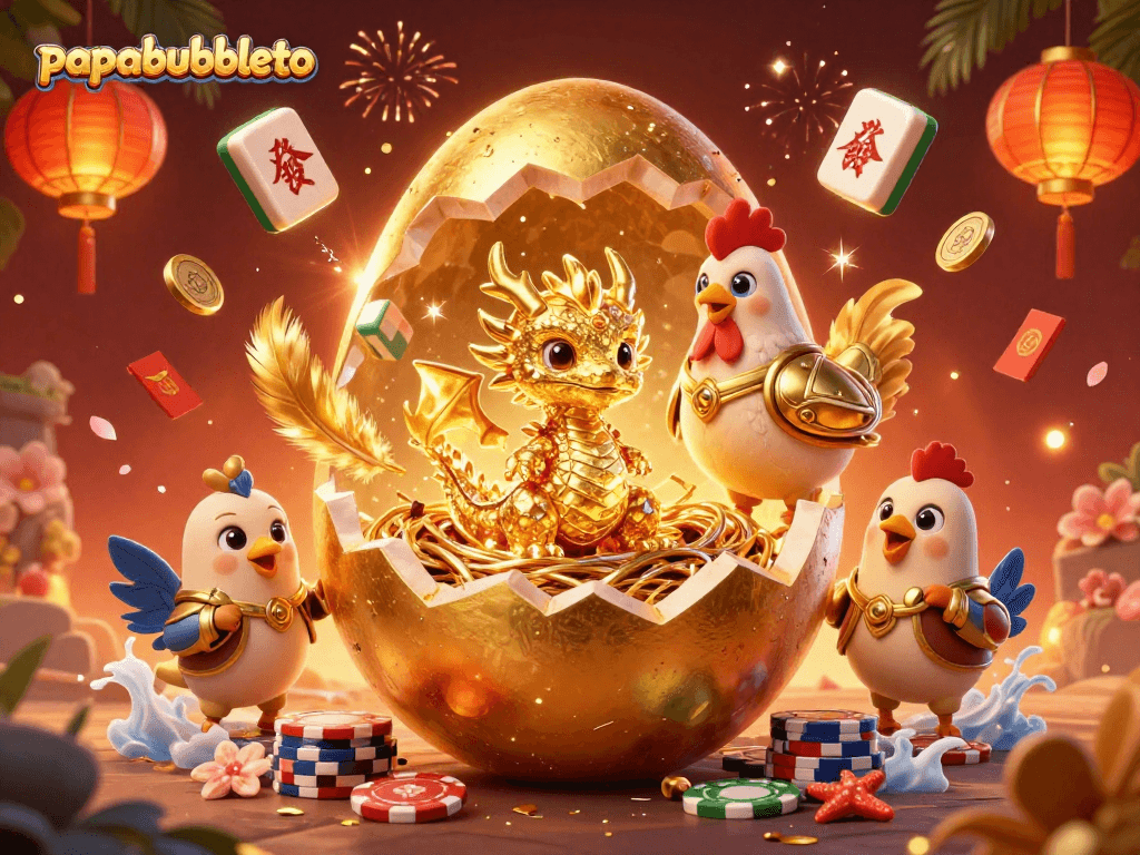 Engage in thrilling moments at papabubbleto with a 3D dragon guarding a nest of poker chips amidst vibrant gaming elements.