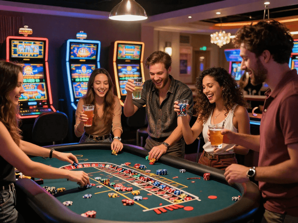 Scena vibrante in un casinò online con amici celebranti ai migliori casinò online, tavolo da roulette e macchine per slot.