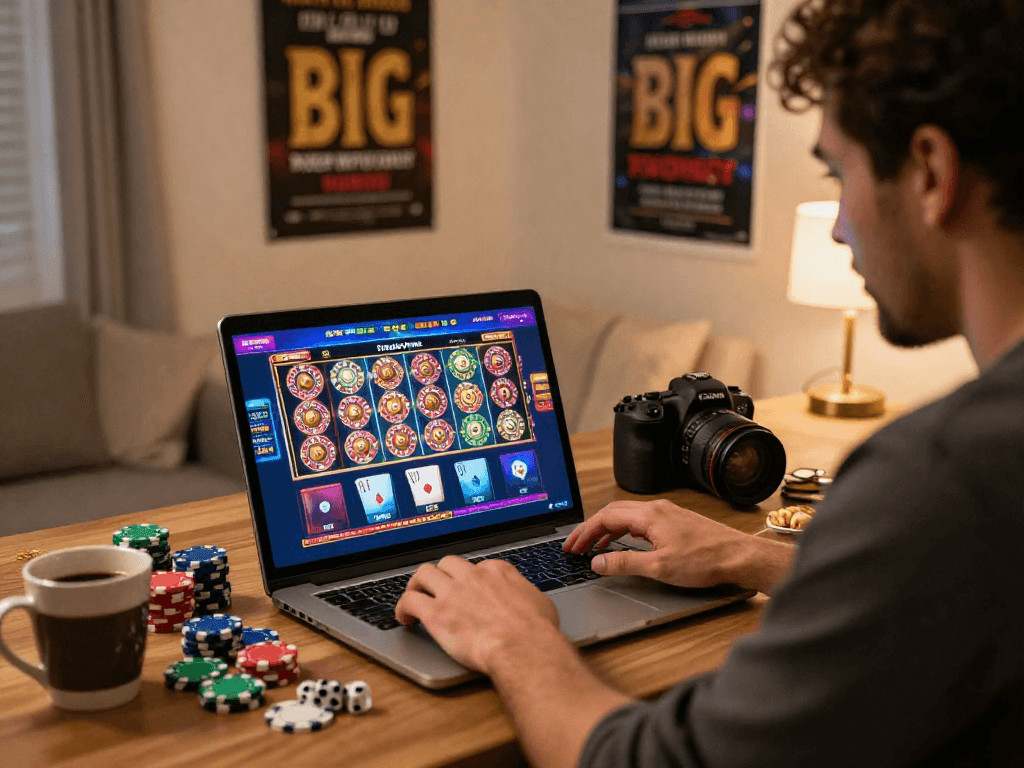 I migliori casinò online mostrano un giocatore entusiasta che interagisce con un laptop immerso nell'atmosfera di gioco, circondato da gettoni e dadi.