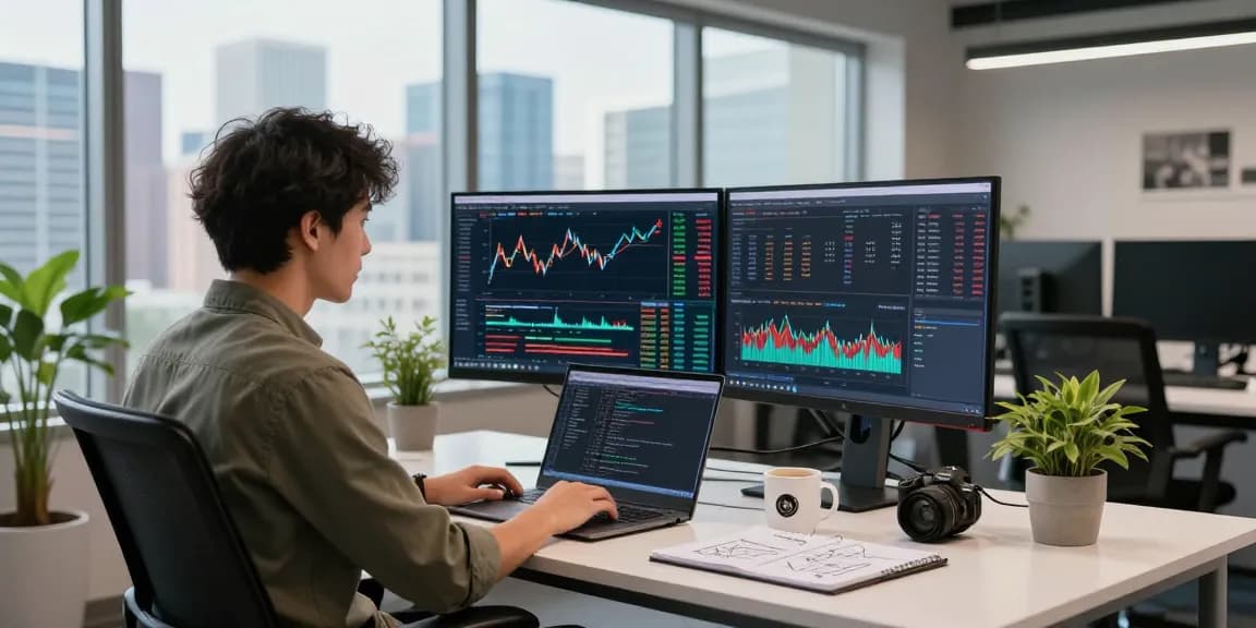 TSE stock exchange data feed displayed on dual monitors in a modern financial tech workspace.