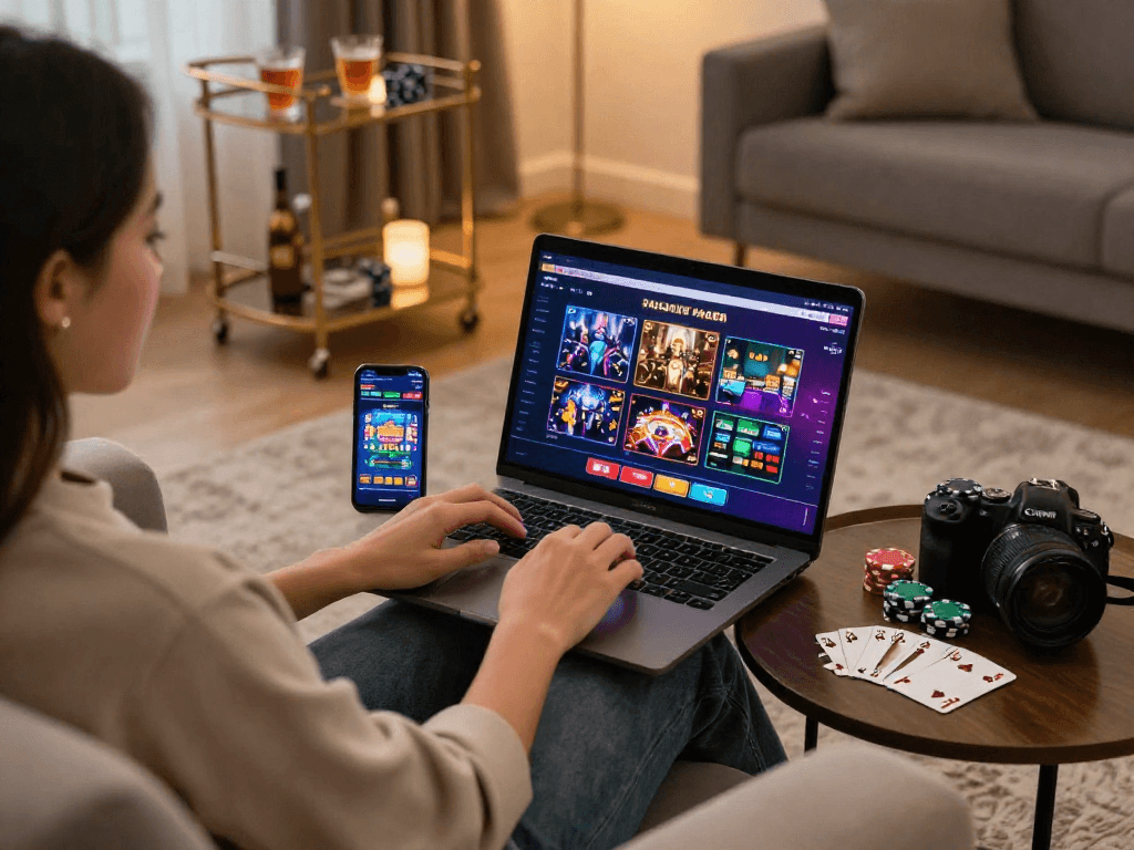 Scena di gioco online con migliori casinò online, persona che gioca da un salotto lussuoso.