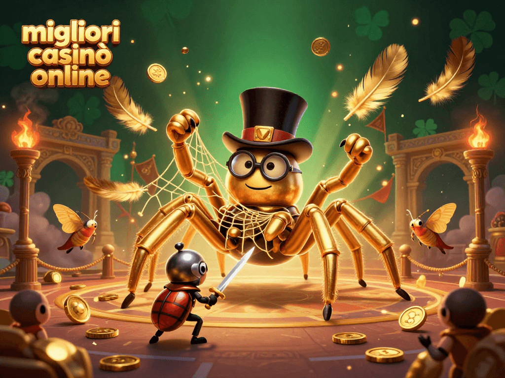 I migliori casinò online offrono azioni emozionanti in un'illustrazione vivace con un ragno d'oro e un cavaliere scarabeo.