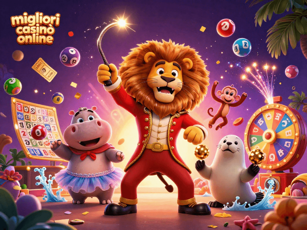 Scopri i migliori casinò online con l'illustrazione di un circo virtuale pieno di giochi e divertimento.