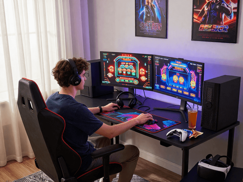 I migliori casinò online mostrati in un'ambientazione di gioco moderna, evidenziando giochi vibranti e attrezzature gaming.