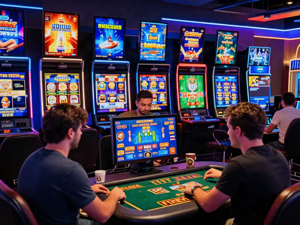 A lively FABET online gaming scene with players engaged in various virtual games, showcasing sports betting and live dealer tables.