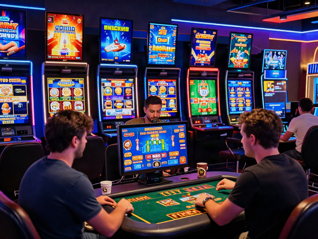 A lively FABET online gaming scene with players engaged in various virtual games, showcasing sports betting and live dealer tables.