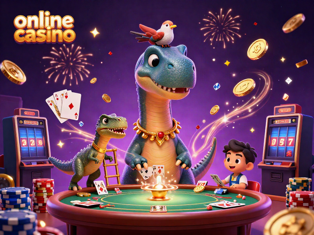 Interactive illustration depicting an online casino scene with a giant brontosaurus and raptor, lively gambling action.