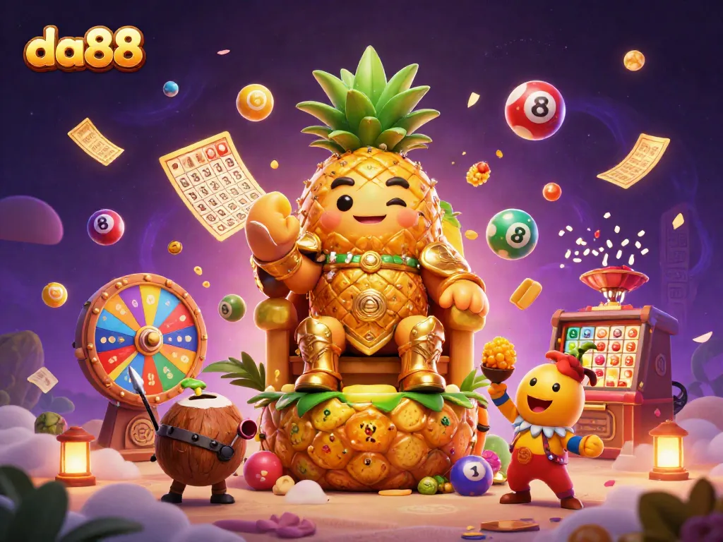 Experience da88's vibrant casino magic featuring a golden pineapple king among dynamic gambling elements.