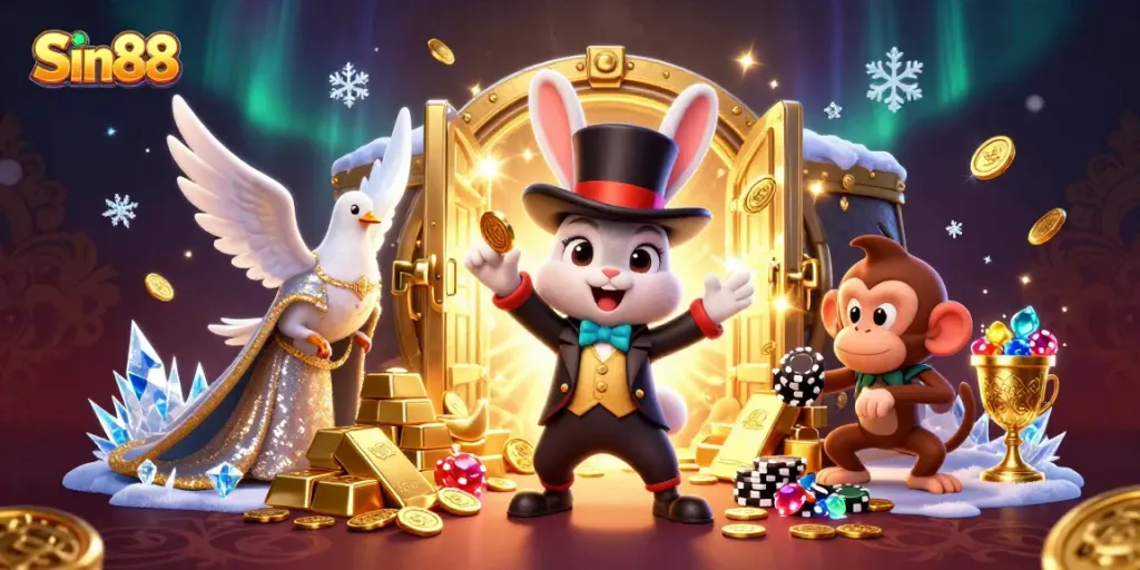 Spin and win with Sin88 in this vibrant 3D casino illustration featuring playful characters.