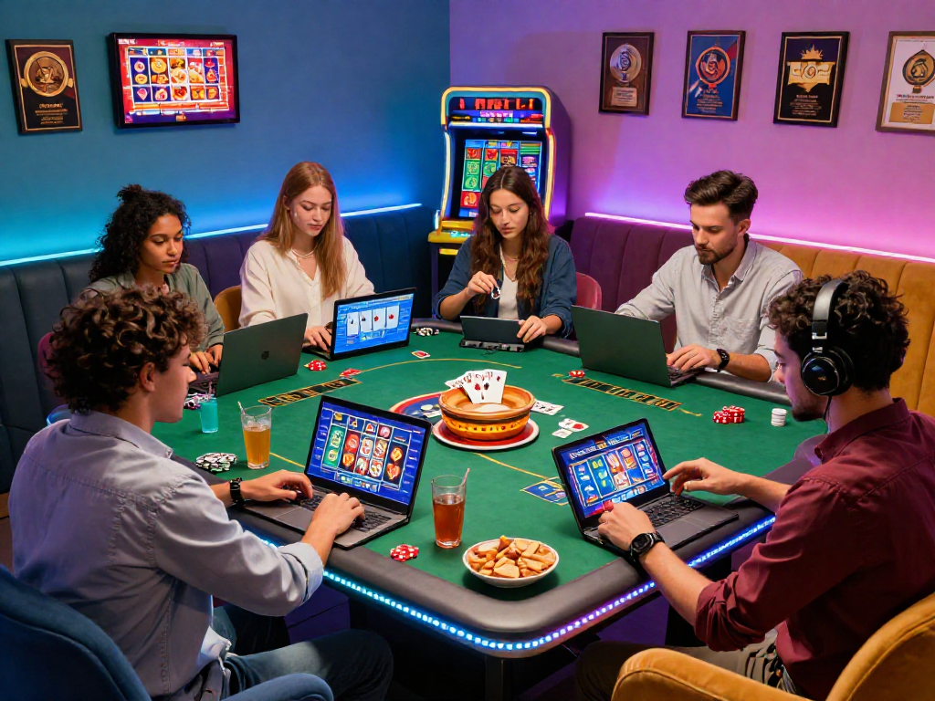 Giocatori che si divertono con i migliori casinò online in un accogliente ambiente virtuale, circondati da simboli di casinò.