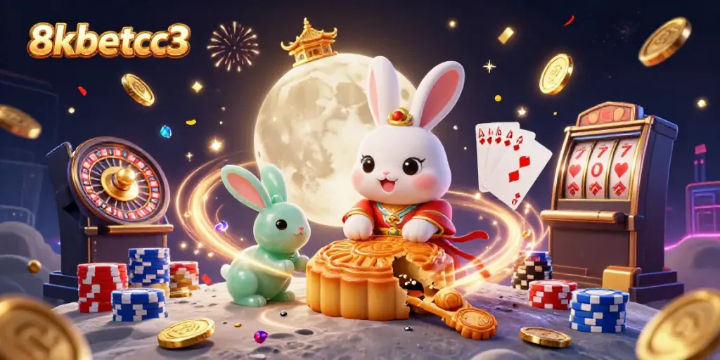Experience fun with 8kbetcc3 as a cartoon moon rabbit reveals poker chips from mooncakes in a vibrant scene.