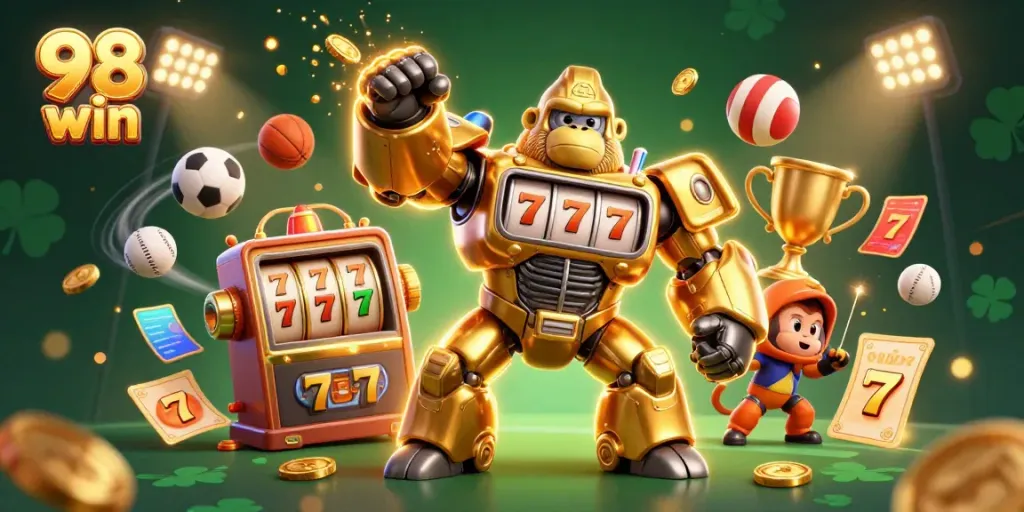 Experience the excitement of 98 win with a dynamic 3D illustration featuring a golden gorilla mech and slot machine elements.