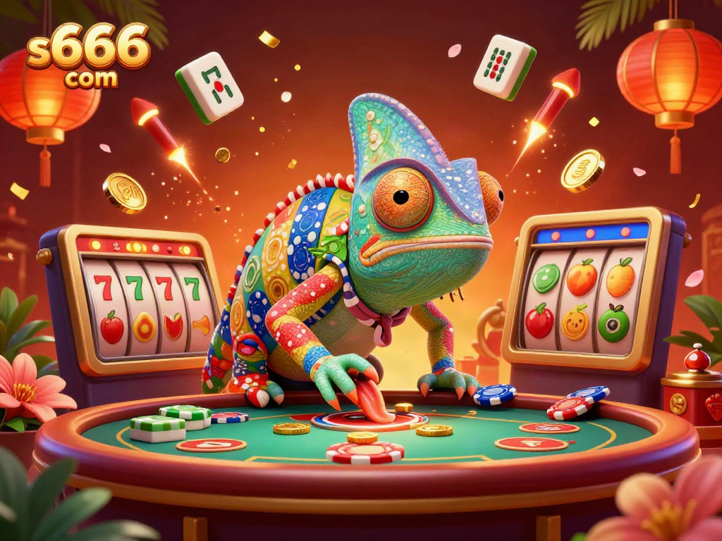S666 com offers an exciting casino experience with vibrant gaming action, slots, and a colorful chameleon mascot.
