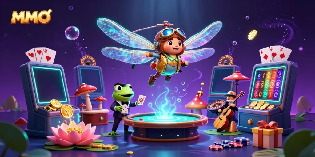 Engage with MMOO's vibrant casino world featuring games, characters, and thrilling action.