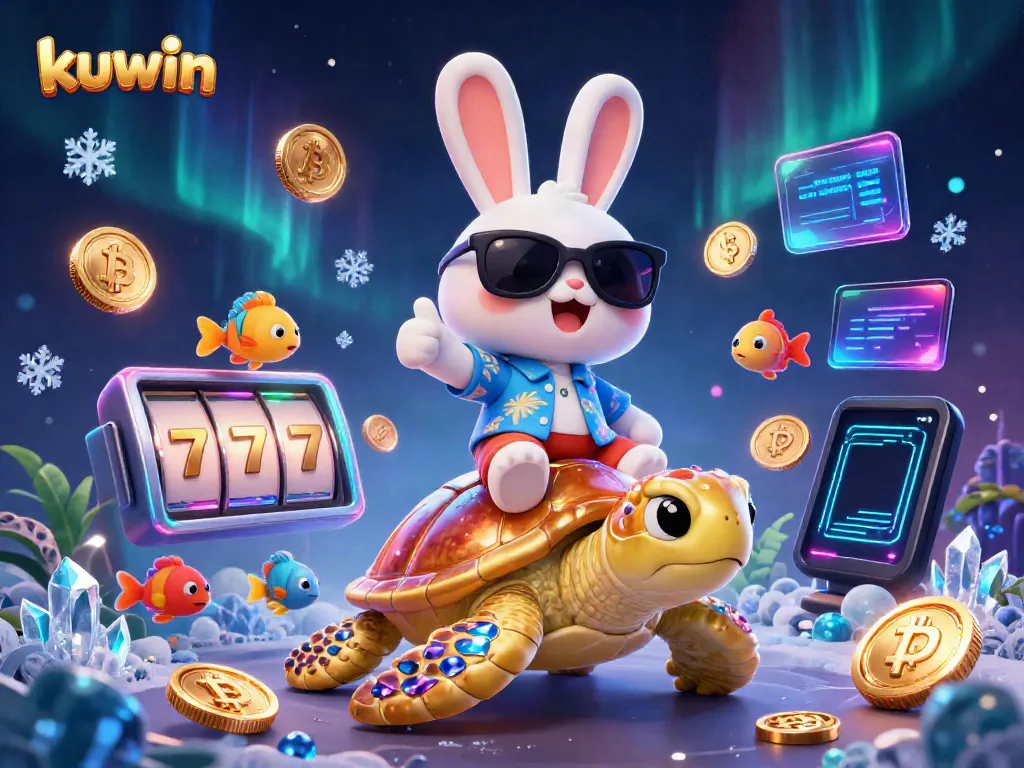 Kuwin casino adventure showing a lucky rabbit and golden turtle surrounded by vibrant slot game elements.
