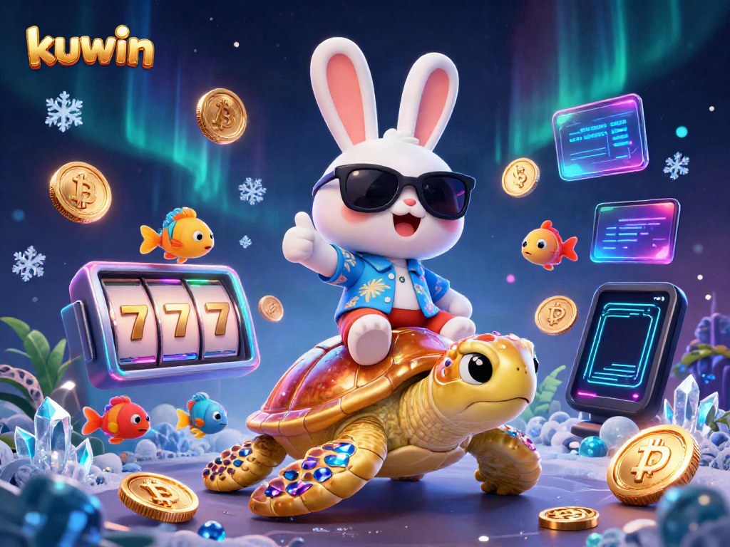 Kuwin casino adventure showing a lucky rabbit and golden turtle surrounded by vibrant slot game elements.