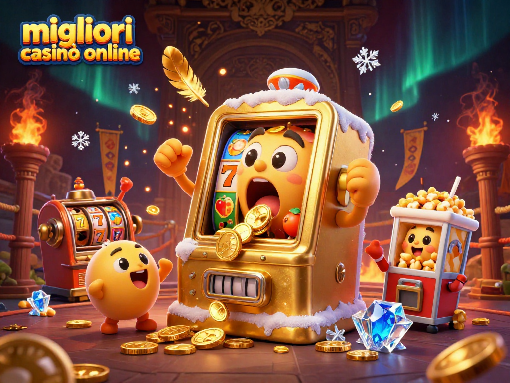 I migliori casinò online presentano un'illustrazione di slot machine d'oro sorpresi mentre vincono jackpot con monete che escono, in una scena vivace.