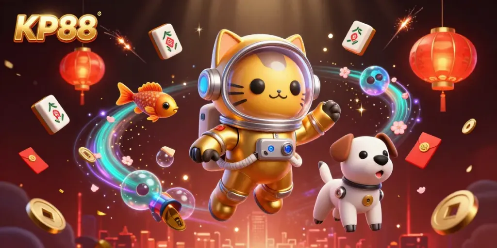 KP88 brings excitement with a floating astronaut cat and vibrant casino elements in space.