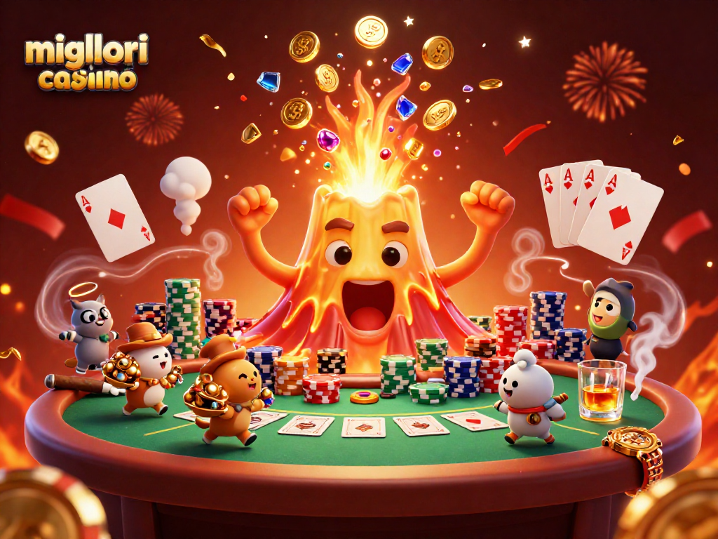 Scopri i migliori casinò online con un vulcano dorato che erutta tesori in una scena di entusiasmo.