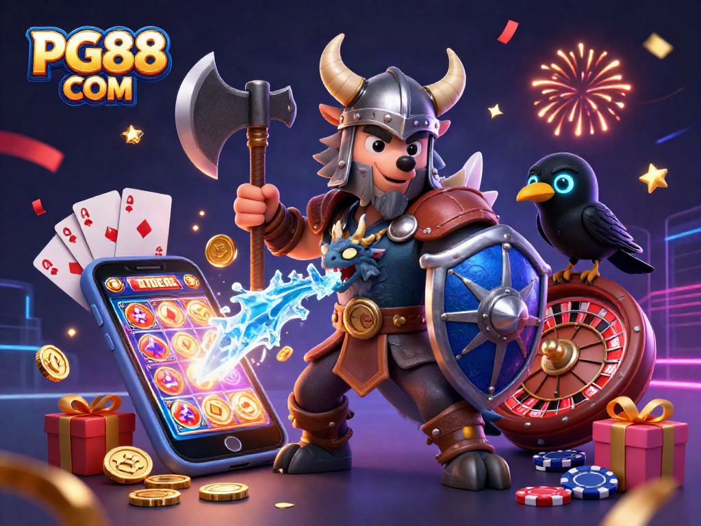Engage with thrilling gameplay at PG88 COM featuring a Viking warrior, dragon, and vibrant slot elements.