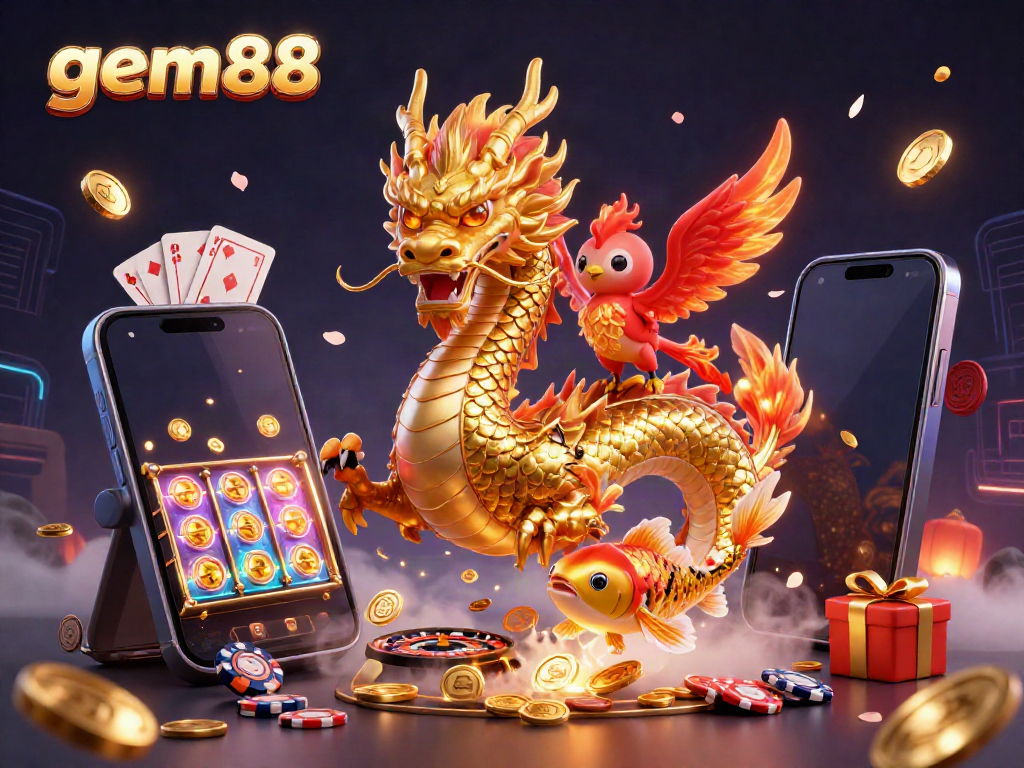 Experience thrilling wins with gem88's vibrant gaming scene featuring a dragon, phoenix, and koi fish.