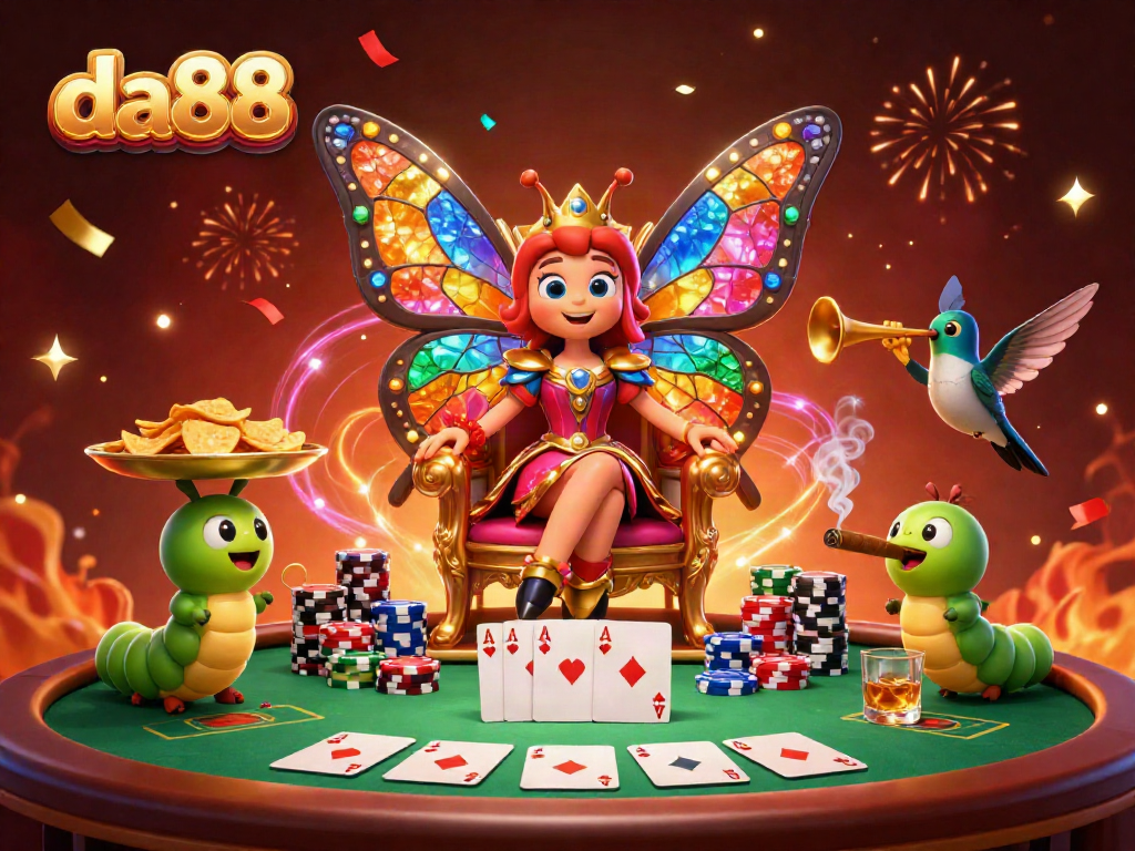 da88 poker scene with a butterfly queen and colorful chips celebrating wins in a vibrant casino