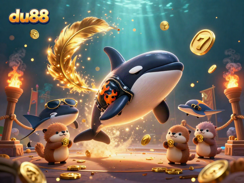 Experience du88's excitement with an orca whale and gaming elements in this vibrant 3D casino illustration.