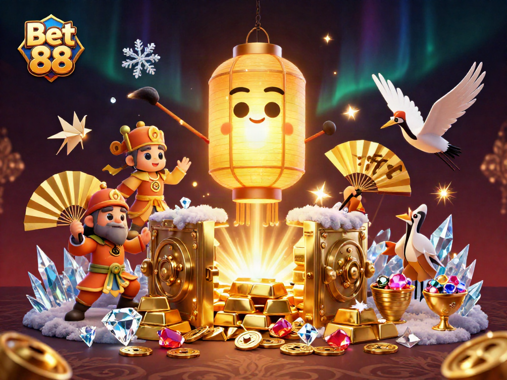 Experience thrilling wins at Bet 88 with vibrant casino imagery showcasing golden treasures.