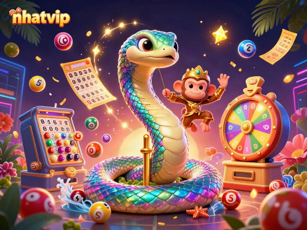 Nhatvip engaging players with a vibrant casino experience featuring colorful elements and characters