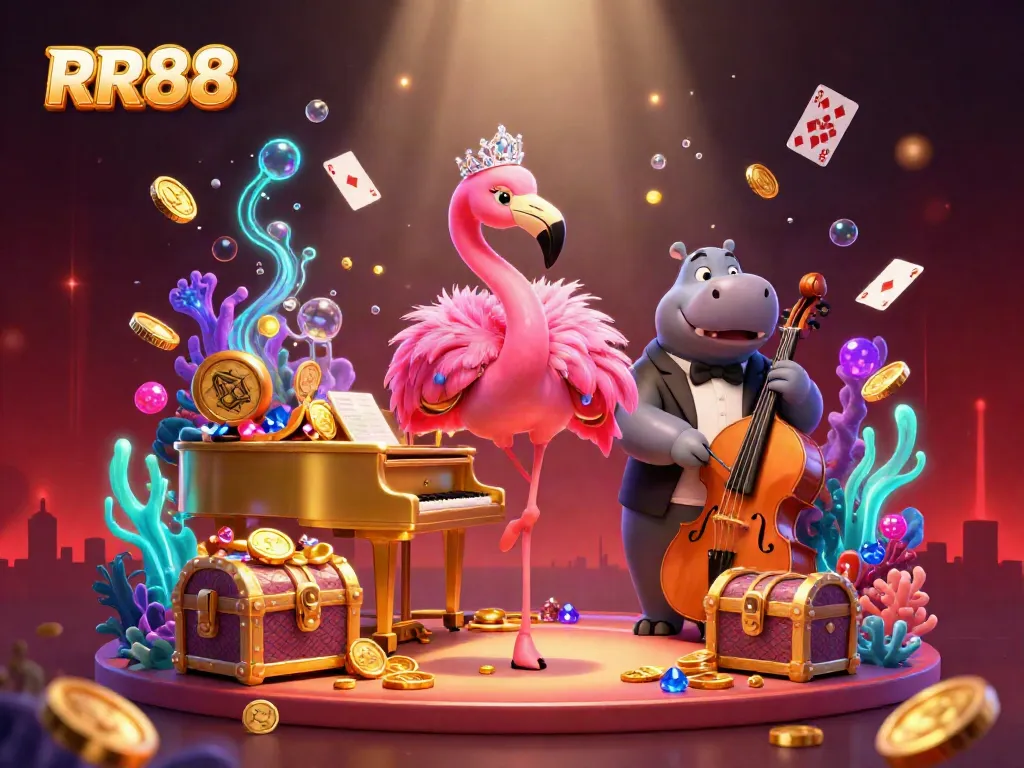 Experience the lively RR88 casino scene featuring a flamingo lounge singer and a hippo bassist amidst treasures and playing cards.