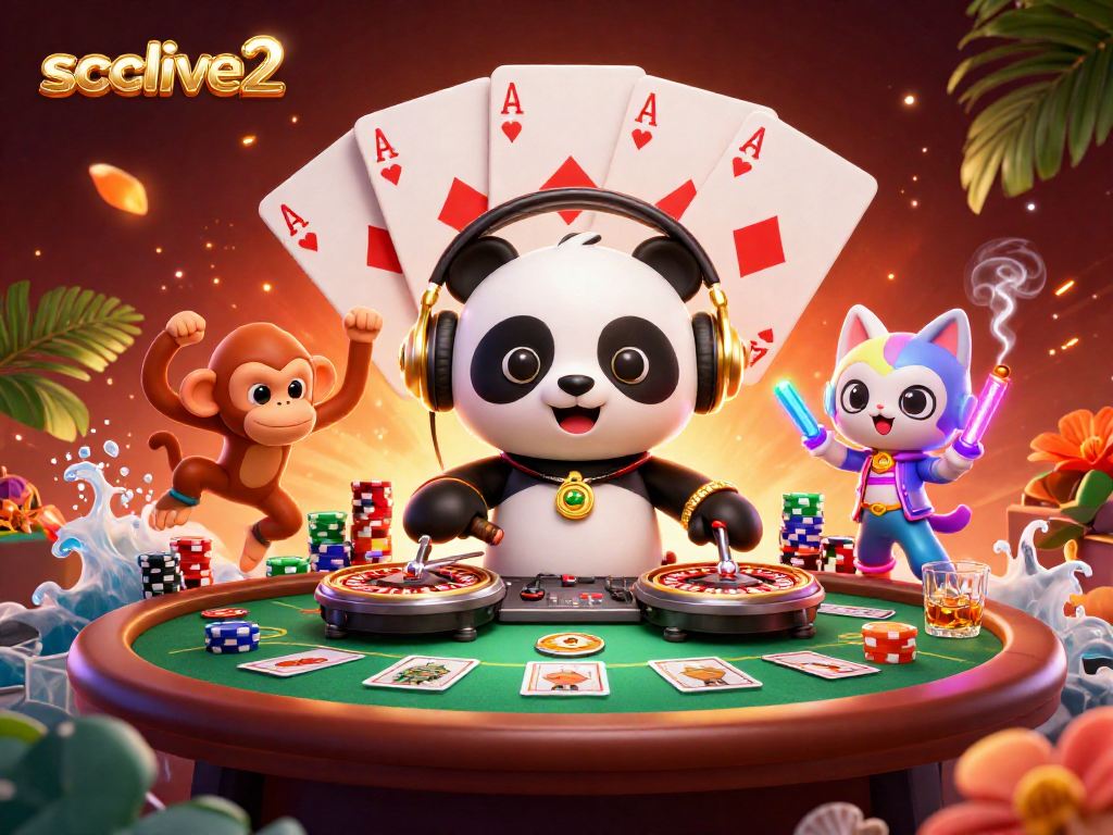 Experience the vibrant atmosphere of socolive2, featuring a DJ panda and lively gaming action.