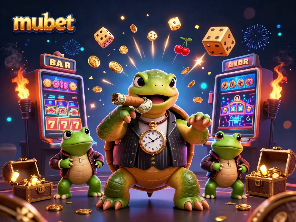 Experience exciting gaming with mubet's vibrant cartoon turtle and bullfrog characters amidst a jackpot explosion.