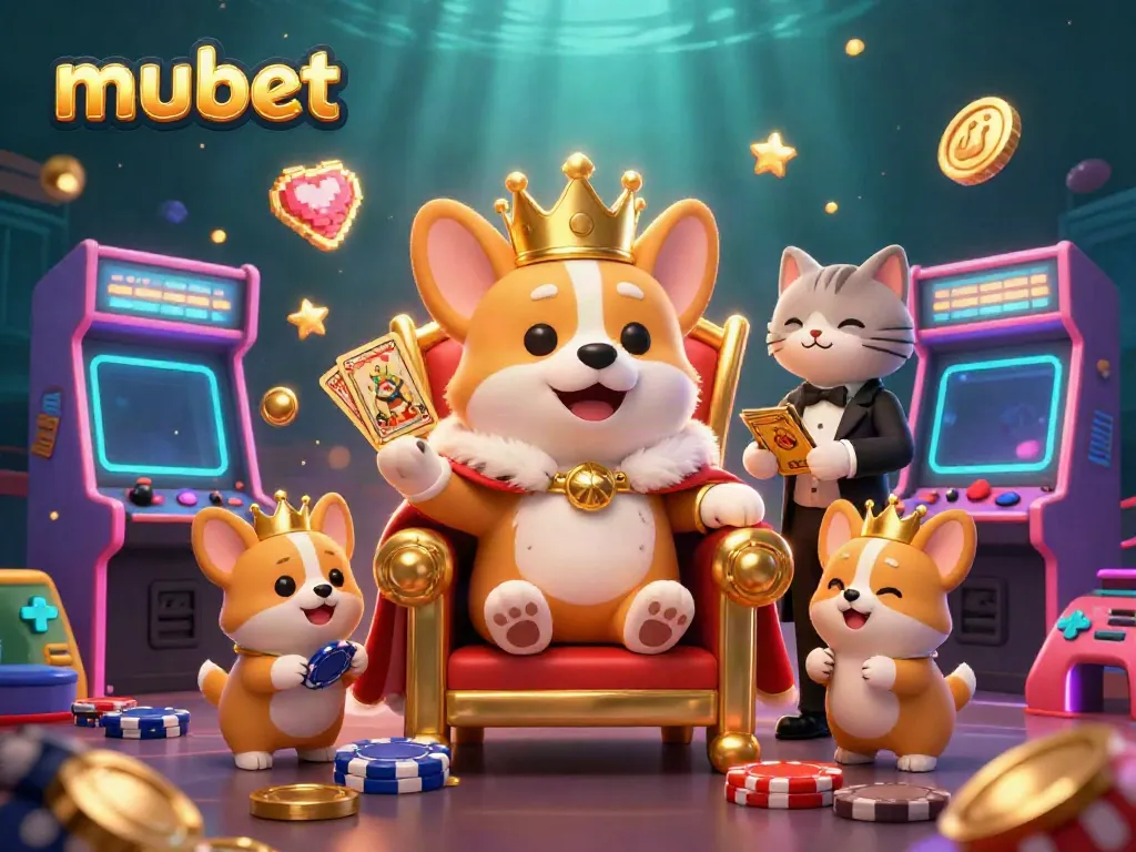 Experience mubet's vibrant casino world with a royal corgi on a poker throne, sparkling game elements around.