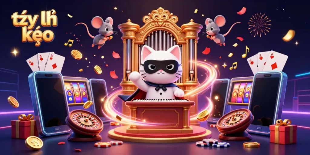 Watch the 3D cartoon phantom of the opera-style cat celebrate tỷ lệ kèo at a vibrant casino scene.