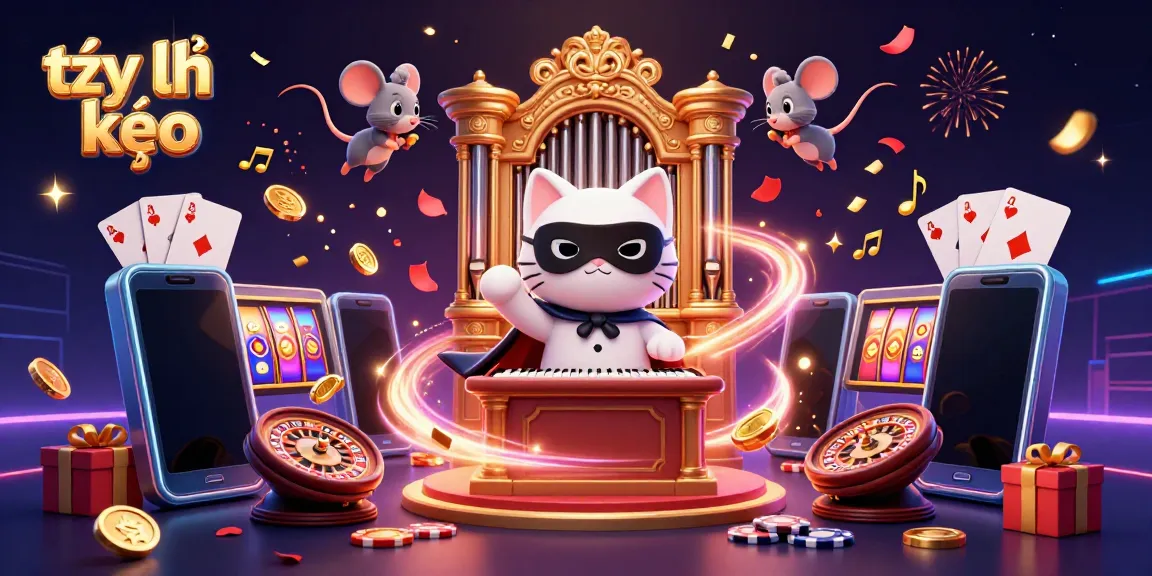 Watch the 3D cartoon phantom of the opera-style cat celebrate tỷ lệ kèo at a vibrant casino scene.