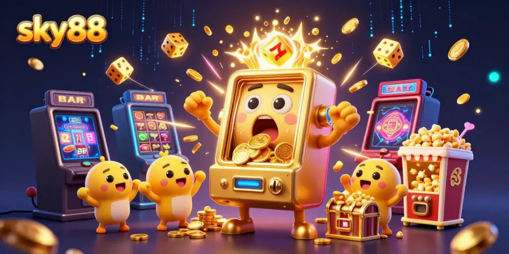 Experience thrilling wins with sky88's vibrant casino scene featuring joyous slot machines and celebratory elements.