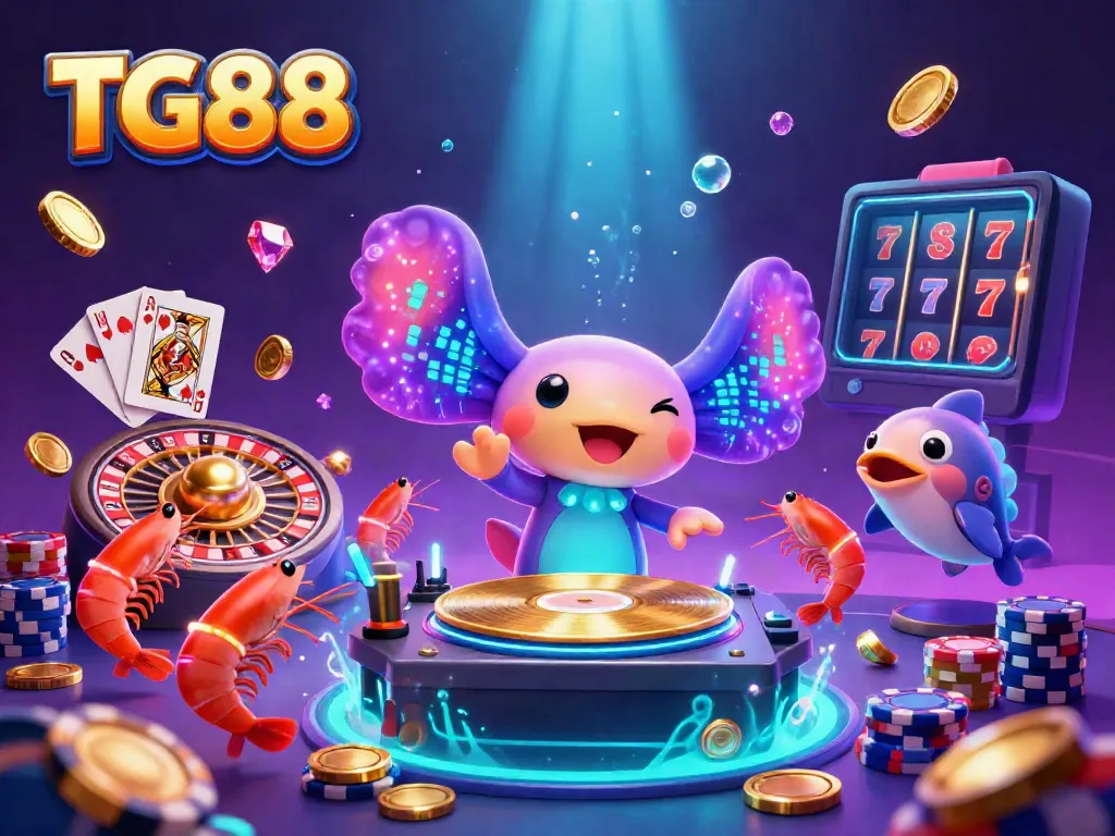 Experience exhilarating gameplay with TG88, featuring a neon axolotl DJ and casino elements bursting with color.