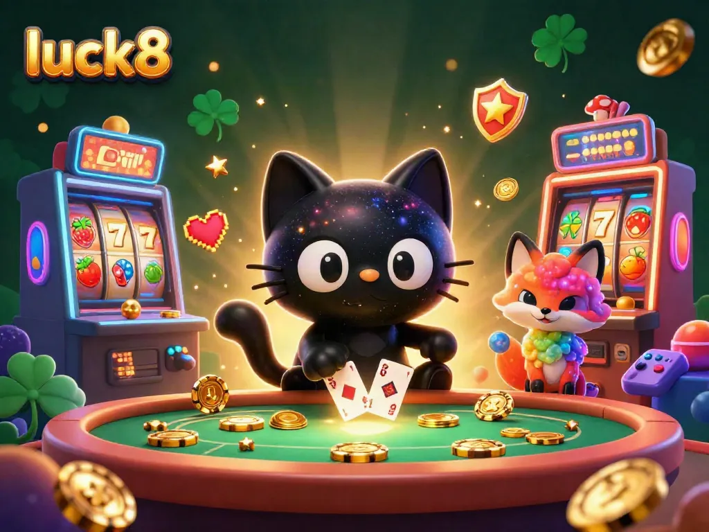Experience exciting gameplay at luck8 with a cosmic casino featuring a black hole cat and a colorful fox!
