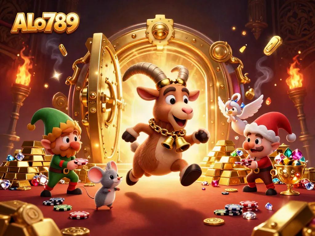 Experience thrilling gameplay and excitement at ALo789's vibrant casino scene filled with treasures and characters.