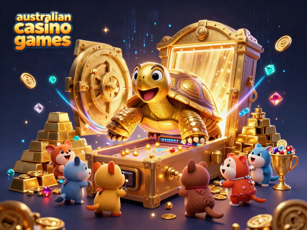 Experience the thrill of australian casino games with a vibrant 3D scene featuring a golden tortoise pinball machine and treasures.