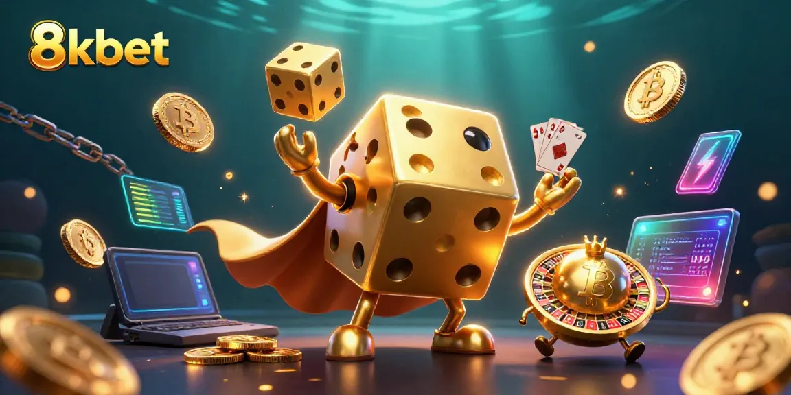 Engage with the dynamic 8kbet universe featuring vibrant golden dice characters and floating cryptocurrency elements.