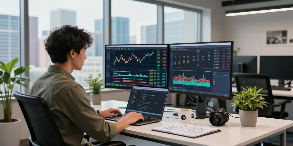 TSE stock exchange data feed displayed on dual monitors in a modern financial tech workspace.