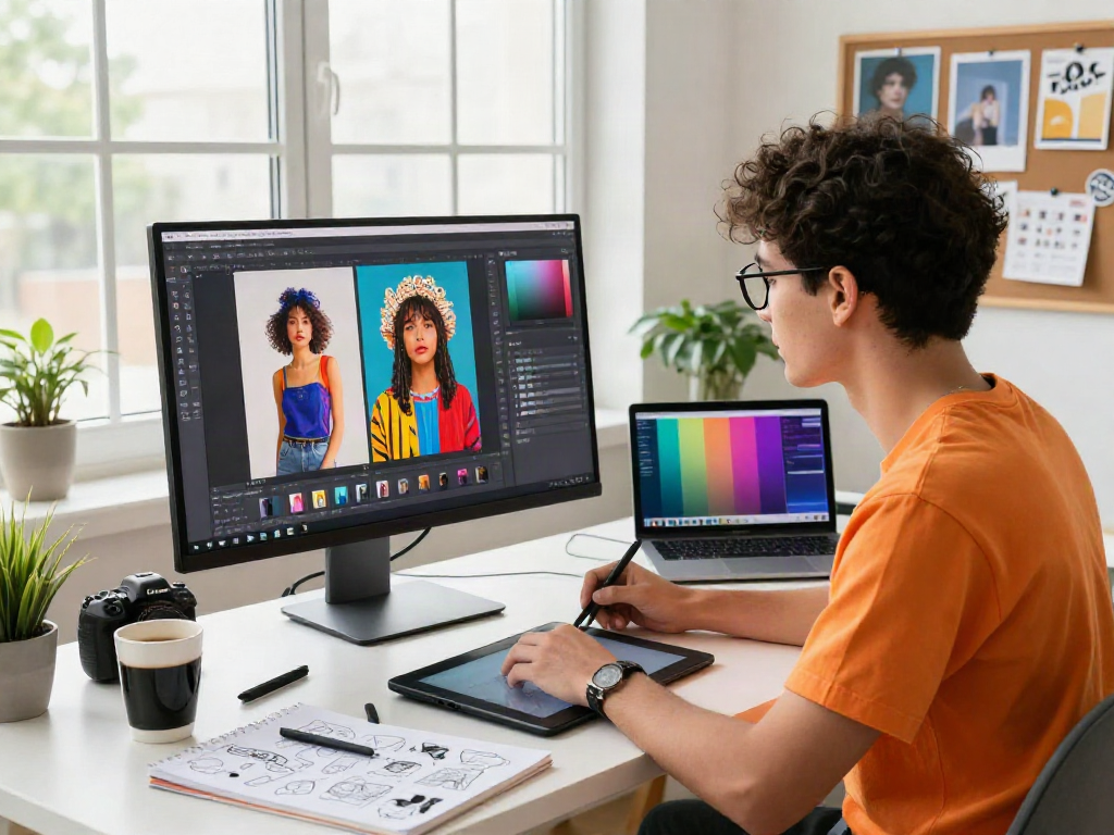 A vibrant designer working with an ai image editor in a bright digital workspace filled with creative tools and natural light.