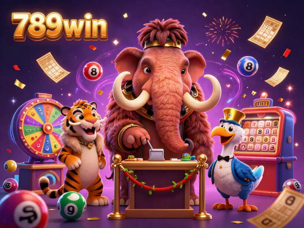 Experience 789win excitement with a vibrant 3D casino scene featuring a mammoth bouncer and lottery elements.