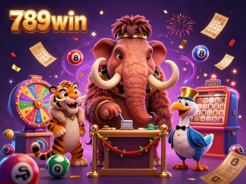 Experience 789win excitement with a vibrant 3D casino scene featuring a mammoth bouncer and lottery elements.