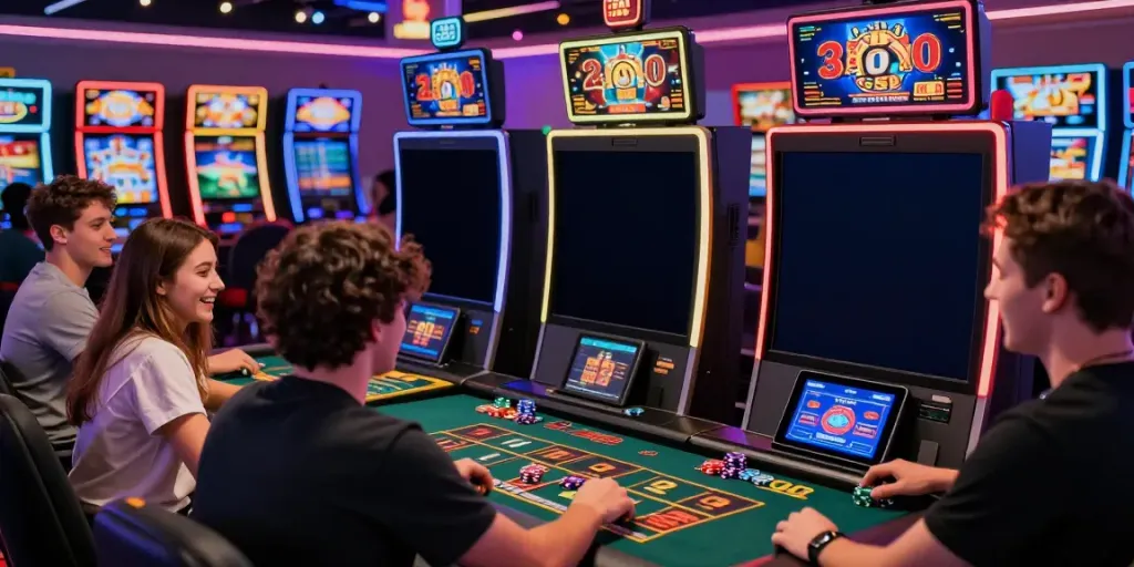 A80 casino players enjoying diverse games with vibrant atmosphere and digital interface.