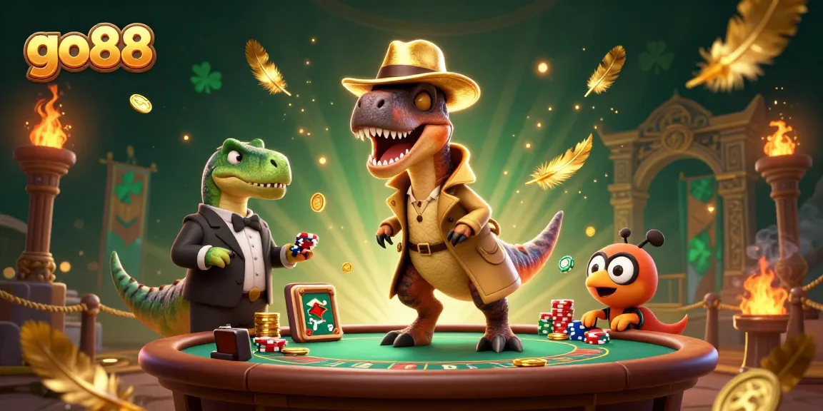 go88 card counter velociraptor sneaking a blackjack win at a bustling casino table