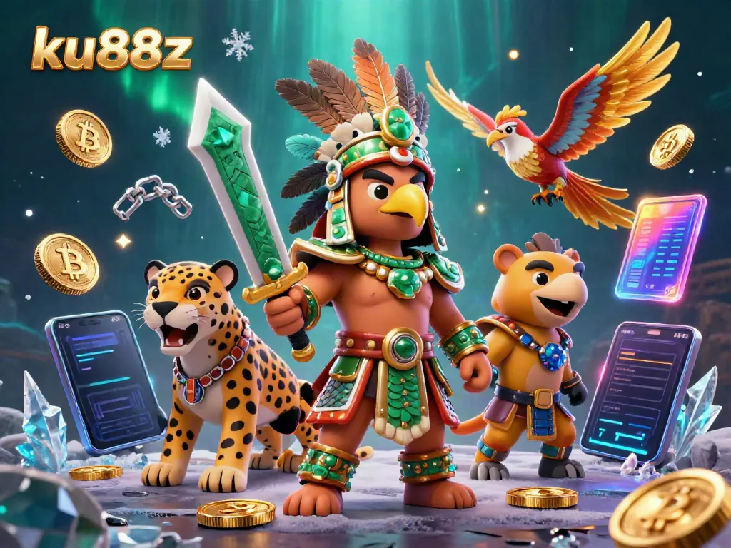 Experience high-stakes gaming at ku88z with an Aztec warrior surrounded by crypto elements.