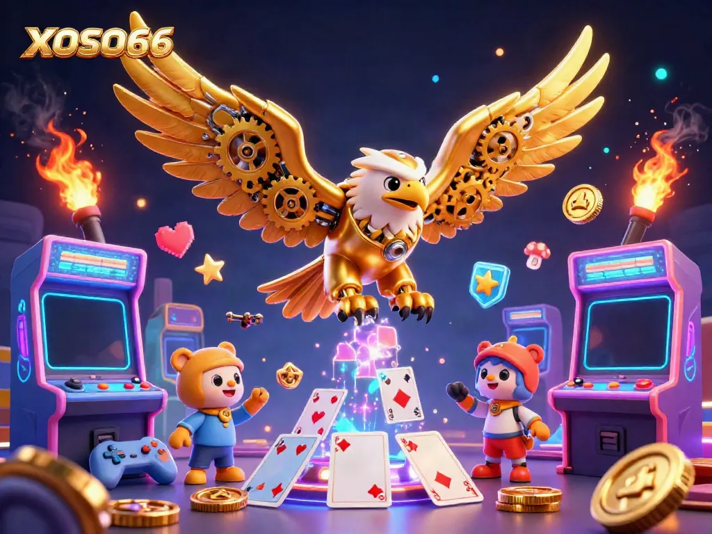 Experience dynamic gaming with XOSO66, illustrated with a cybernetic eagle amidst vibrant casino elements.